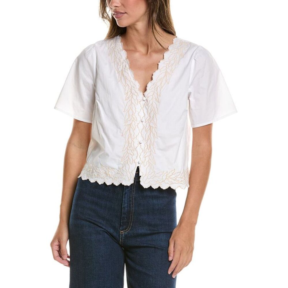 Cece Womens  V Neck Embroidered Buttoned Top, White